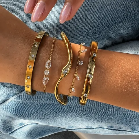 Lussuoso Bracciale in Acciaio Inossidabile Con Strass per Donna Placcato Oro Argento Stella Onda Resistente all'Acqua Braccialetto Gioielli Moda Regalo