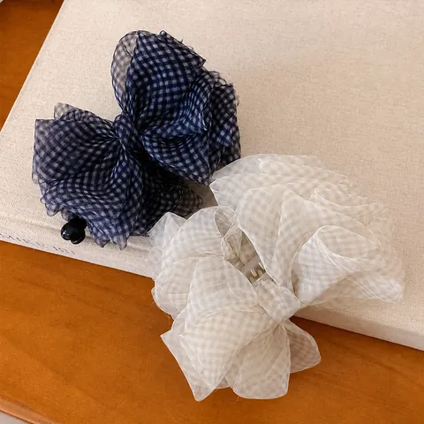 Molletta per Capelli Fiocco in Filato di Neve Stile Coreano Dolce Gingham Quadri Clip Twist Grande Acrilico Elegante Donna Accessori