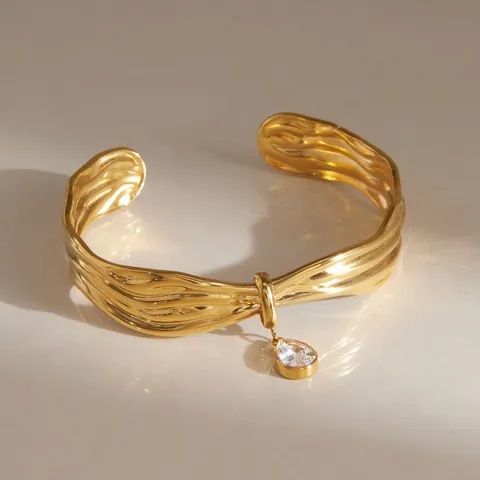 Bracciale Rigido in Acciaio Inossidabile Placcato Oro 18K con Zirconia a Onda per Donna Braccialetto Aperto Gioielli di Lusso