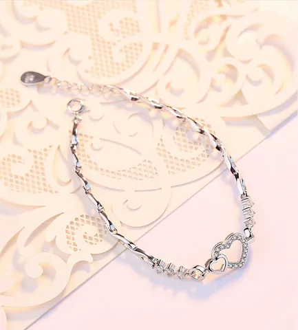 S925 Silver Interlocking Heart Bracelet For Women Korean Style Hollow Heart Shape Inlaid Rhinestone Light Luxury Fashion Jewelry