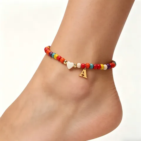 Bohemian Stainless Steel Multicolor Turquoise Beaded Anklet For Women Initial Letter A-Z Heart Pendant Foot Jewelry