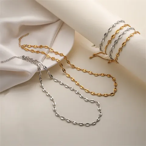 Stainless Steel Coffee Bean Link Necklace Bracelet Set For Women Hip Hop Punk Zirconia Heart Evil Eye Pendant Jewelry