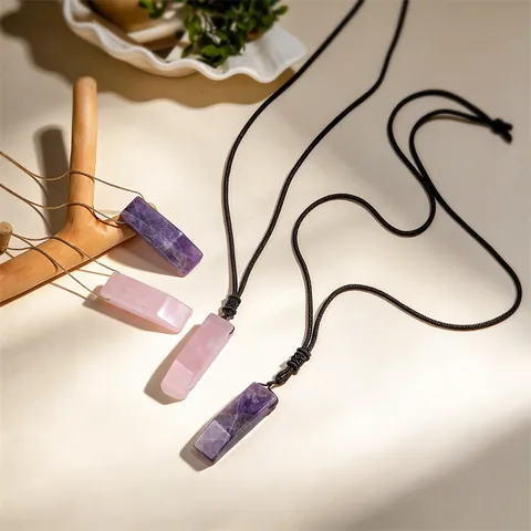 Handmade Natural Amethyst Rose Quartz Pendant Necklace Copper Wire Wrapped Rectangle Mushroom Crystal Stone Jewelry Women