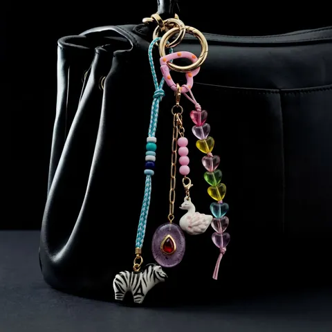 DIY Fashion Keychain Bag Pendant Alloy Gold Plated 18K Fruit Animal Heart Beaded Charm For Women Jewelry Gift