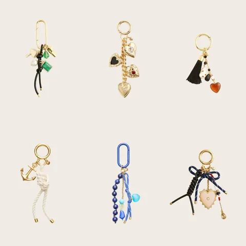 Vintage Alloy Heart Anchor Bag Charm Rhinestone Tassel Beaded Pendant For Women Handbag Accessories Light Luxury Keychain