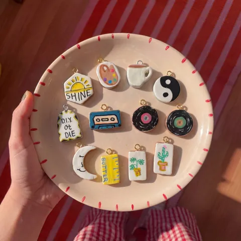 Vintage Hand Painted Alloy Pendant Fun Vinyl Record Cassette Tape Cactus DIY Jewelry Making Accessories Pendant Necklace Charm