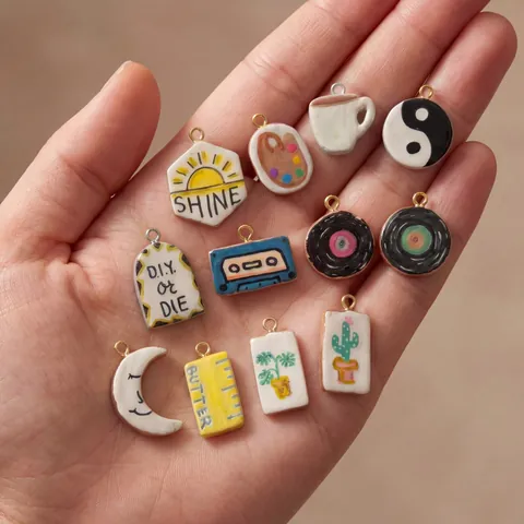 Vintage Hand Painted Alloy Pendant Fun Vinyl Record Cassette Tape Cactus DIY Jewelry Making Accessories Pendant Necklace Charm