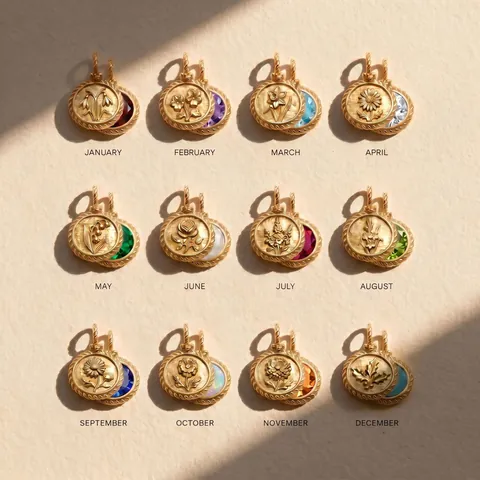 Vintage Niche Design Twelve Birth Flower Birthstone Double Sided Embossed Gold Coin Copper Pendant For Women Birthday Gift Jewelry