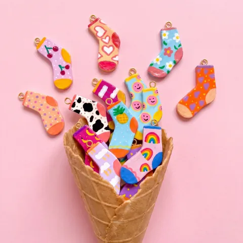 Hand-painted Cute Socks Copper Pendants DIY Jewelry Findings Rainbow Cherry Polka Dot Pattern Charms For Necklaces Bracelets Jewelry Making Accessories