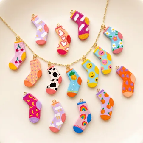 Hand-painted Cute Socks Copper Pendants DIY Jewelry Findings Rainbow Cherry Polka Dot Pattern Charms For Necklaces Bracelets Jewelry Making Accessories