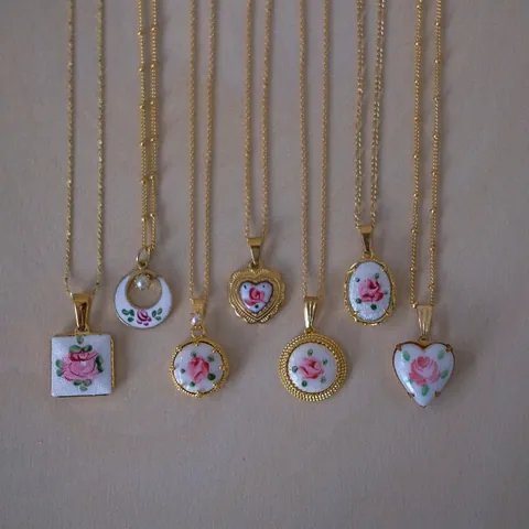 316 Stainless Steel French Vintage Enamel Rose Floral Heart Pendant Necklace 18K Gold Plated Jewelry For Women Gift