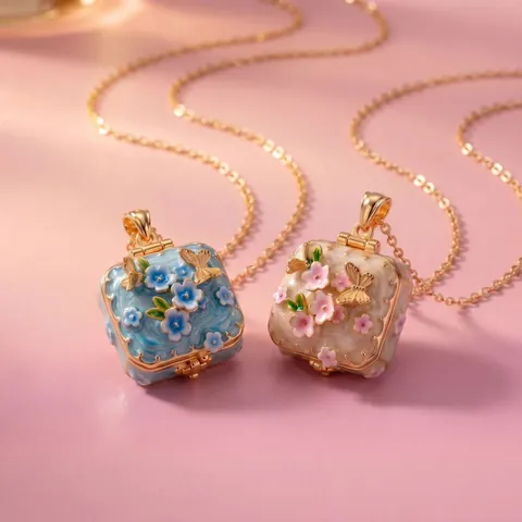 Fairytale Enamel Butterfly Flower Square Locket Necklace Copper Electroplated Gold Chain Romantic Photo Pendant Jewelry For Women