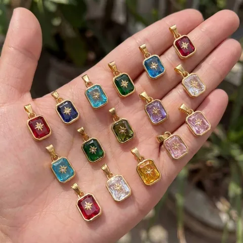 Titanium Steel Square Zirconia Pendant Necklace 18K Gold Plated Starburst Design Birthstone Jewelry For Women Men Vintage Octagram Accessory
