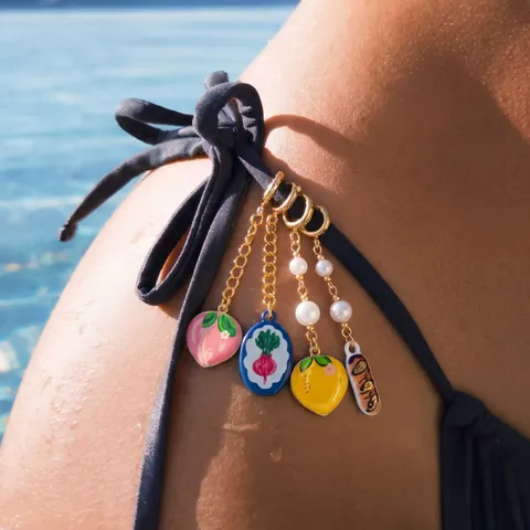 Zomer Fruit Groente Zwemkleding Hangers Roestvrij Staal 18K Verguld Perzik Citroen Aardbei Kers Kunstparel Ketting Bikini Decor Voor Resort Strand Vrouwen Vakantie Accessoires