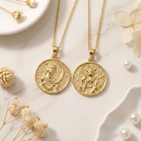 Vintage 14K Gold Plated Copper Goddess Artemis Coin Pendant Necklace Enamel Mythology Medallion Chain Necklace For Women Jewelry