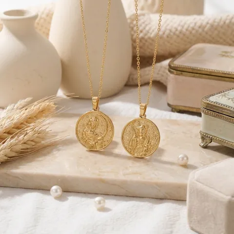 Vintage 14K Gold Plated Copper Goddess Artemis Coin Pendant Necklace Enamel Mythology Medallion Chain Necklace For Women Jewelry