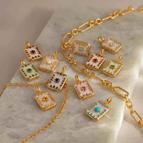 12 Months Birthstone White Mother Of Pearl Square Pendant Necklace Gold Plated Starburst Design Rhinestone Copper Necklaces Women Jewelry Gift