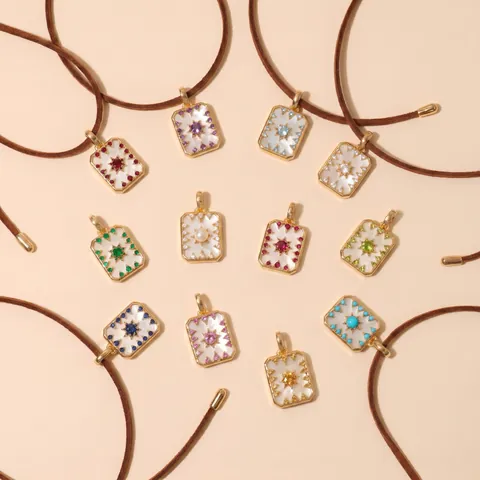 12 Months Birthstone White Mother Of Pearl Square Pendant Necklace Gold Plated Starburst Design Rhinestone Copper Necklaces Women Jewelry Gift