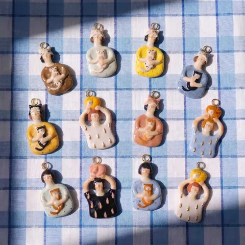 Nordic Style Cute Girl And Cat Copper DIY Pendants Hand Painted Finish Charms For DIY Necklace Bracelet Accessories Women Jewelry Making
