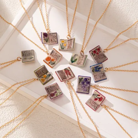 Vintage Book Shaped Pendant Necklace Copper Enamel Birth Month Flower Design Necklaces For Women Exquisite Jewelry