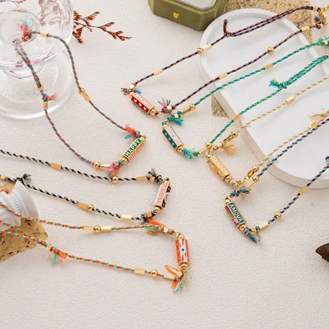 Vintage Bohemian Contrast Color Braided Rope Necklace Copper Enamel Graffiti Letter Happy Love Amour Pendant Necklace For Women Jewelry