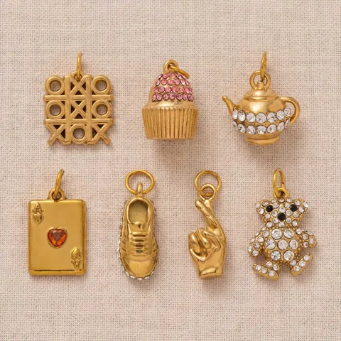 Stainless Steel 18K Gold Plated Rhinestone Pendant Bear Teapot Sneaker Cupcake Tic-Tac-Toe DIY Jewelry Making Accessories