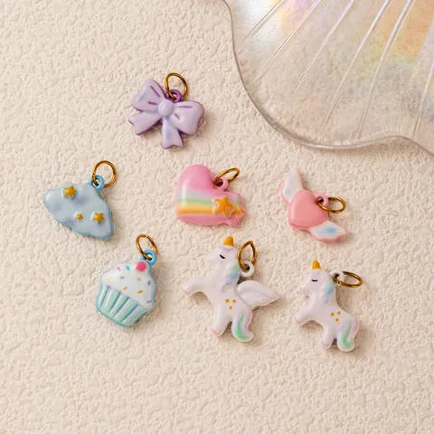 Stainless Steel Pendants Charms With 18K Gold Plating Enamel Unicorn Rainbow Heart Cloud Pattern For DIY Jewelry Women Gift