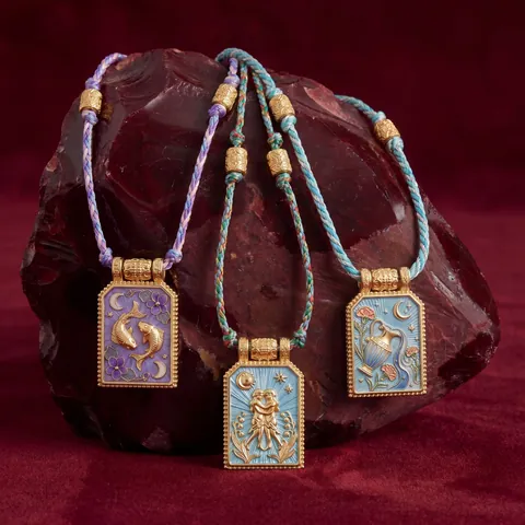 Retro Zodiac Enamel Pendant Necklace Copper Embossed Square Charm Braided Cord Adjustable Jewelry Gift For Women Men