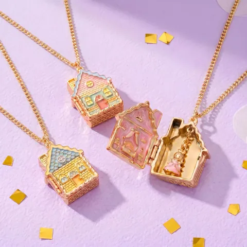 Fairytale Gingerbread House Enamel Locket Pendant Necklace Openable Copper Gold Plated Rose Cake Jewelry For Women Gift
