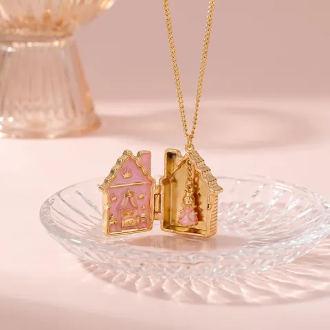 Fairytale Gingerbread House Enamel Locket Pendant Necklace Openable Copper Gold Plated Rose Cake Jewelry For Women Gift
