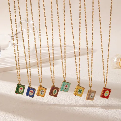 Vintage Stainless Steel 18K Gold Plated Hand-painted Book Pendant Necklace Retro Artistic Mushroom Flower Print Jewelry For Women