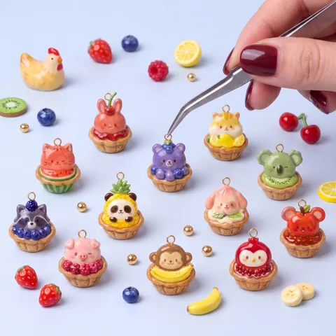 Cute Fruit Animal Basket Pendants Copper Resin Charms DIY Jewelry Making Accessories Mini Bear Rabbit Cat Fruit Tart Style Fashion Jewelry Charms