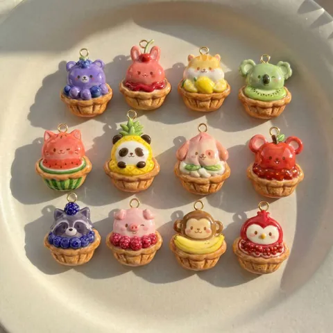 Cute Fruit Animal Basket Pendants Copper Resin Charms DIY Jewelry Making Accessories Mini Bear Rabbit Cat Fruit Tart Style Fashion Jewelry Charms