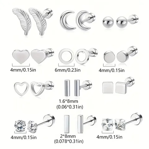 Boucles d'Oreilles Clous en Acier Inoxydable Géométriques Plume Lune Cœur Strass Boucles d'Oreilles Femmes Hommes Or Argent Bijoux