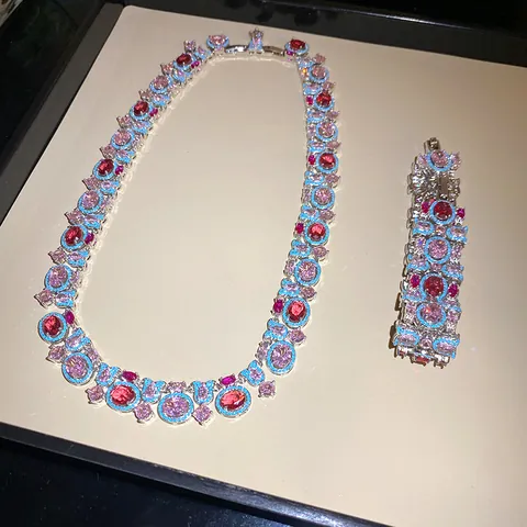 Juego de Joyas de Cobre con Circonia Estilo de Corte Vintage Lujo Ovalado Multicolor Strass Collar y Pulsera para Mujer