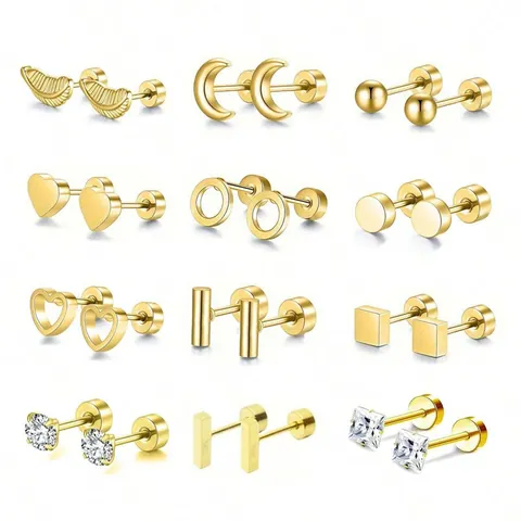 Boucles d'Oreilles Clous en Acier Inoxydable Géométriques Plume Lune Cœur Strass Boucles d'Oreilles Femmes Hommes Or Argent Bijoux