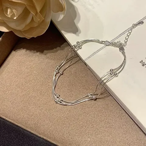 Minimalist Alloy Multi-Layer Snake Chain Bracelet With Lucky Beads For Women Silver Color Adjustable Ins Style Jewelry Gift