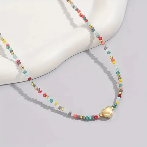 Collier de Perles en Cristal Coloré de Bohême pour Femmes Pendentif Cœur en Alliage d'Or Choker de Plage d'Été Bijoux