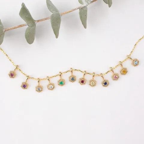 Roestvrij Stalen Zeshoek Geboortesteen Hanger Halsketting Voor Dames 18K Verguld Zirconia Dopamine Stijl DIY Sieraden