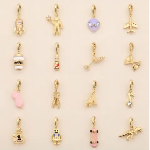 Stainless Steel DIY Charm Pendant For Women 18K Gold Plated Rhinestone Enamel Rocket Astronaut Coffee Cup Charms Jewelry Making Accessories