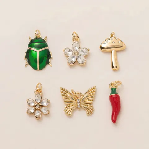 DIY Brass 18K Gold Plated Enamel Chili Butterfly Mushroom Charms Rhinestone Flower Pendants For Shoe Keychain Jewelry Making