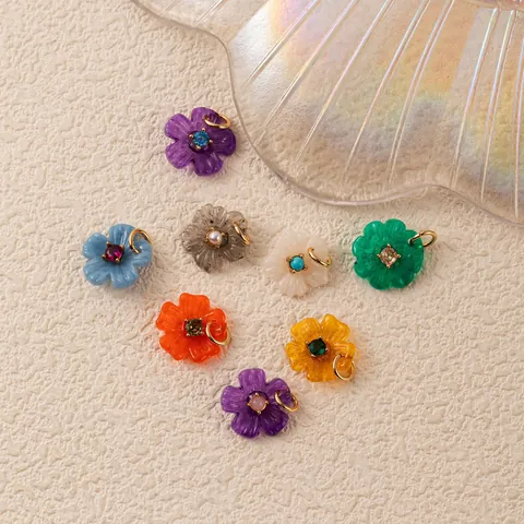 Vintage Floral Resin Rhinestone Pendant Colorful Flower Charms Copper Inlaid Jewelry Accessories For Women Girls Gift