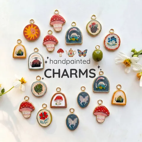 Stainless Steel Nature Printed Pendant Necklace Sun Mushroom Blueberry Charms Hand Painted 18K Gold Plated Jewelry For Women