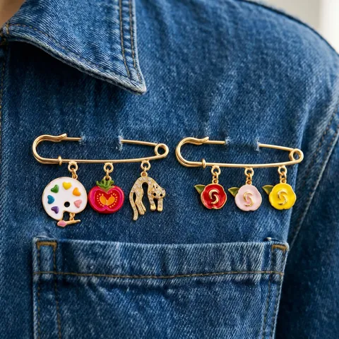 Vintage DIY Safety Pin Brooch Gold Plated Copper Enamel Animal Flower Heart Palette Charm Rhinestone Pendant Jewelry Accessory