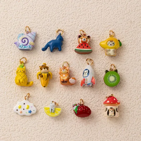 Schattige Koperen Dier Fruit Hangers DIY Sieraden Accessoires Noordse Stijl Cartoon Vos Kat Aardbei Citroen Emaille Look Charms Voor Kettingen