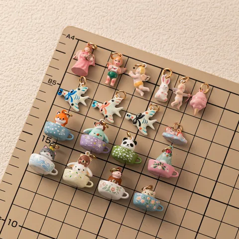 Pendentifs Ange Animal Dessin Animé 3D Cuivre Plaqué Or Émail Accessoires Bijoux DIY Tasse De Thé Renard Panda Chat Oiseau