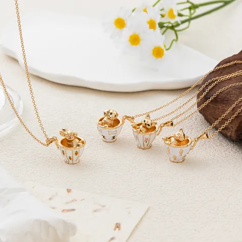 Dolce Collana con Pendente Animali in Tazza da Tè in Rame Placcato Oro per Donna Creativo Simpatico Gatto Cane Coniglio Volpe