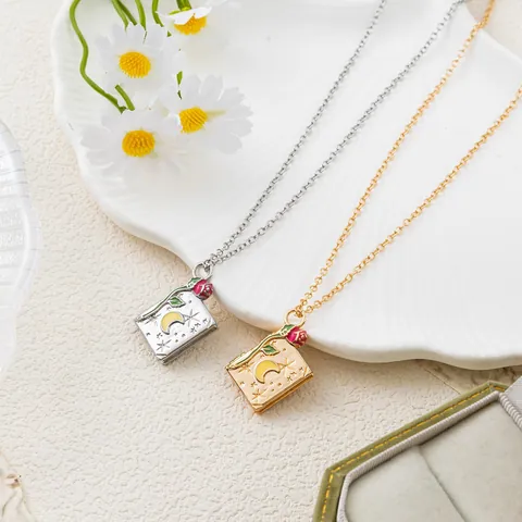 Vintage Copper Book Locket Necklace For Women Retro Openable Book Pendant With Rose Star Moon Pattern Gold Silver Plated Jewelry Gift
