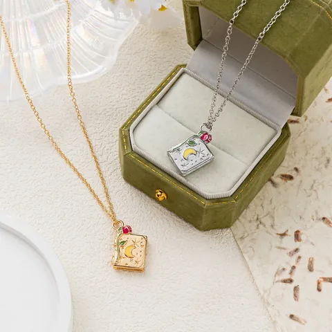 Vintage Copper Book Locket Necklace For Women Retro Openable Book Pendant With Rose Star Moon Pattern Gold Silver Plated Jewelry Gift