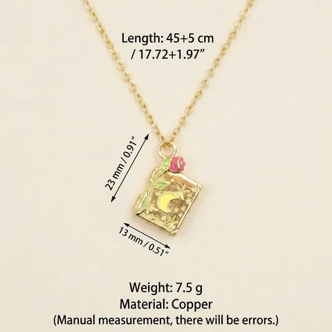 Vintage Palace Style Book Shaped Locket Pendant Necklace Copper Electroplated Rose Star Moon Photo Locket For Men Women Jewelry